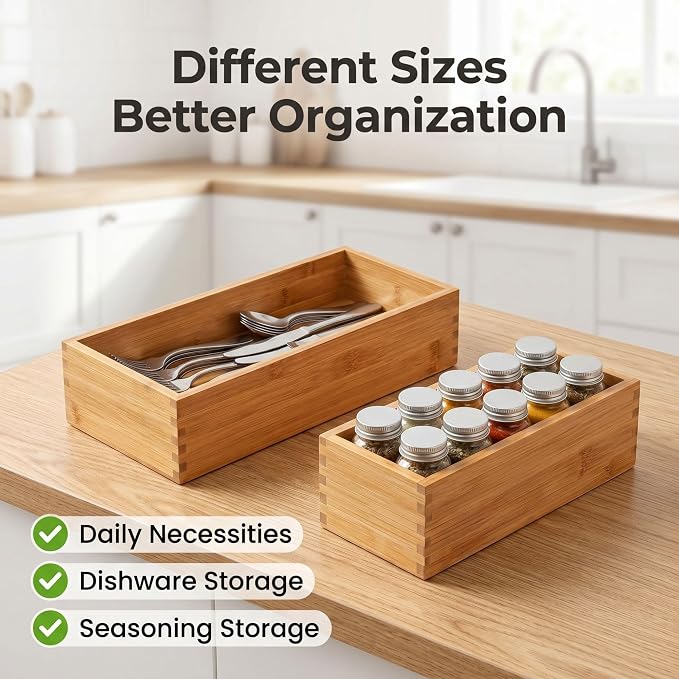 Bamboo Drawer Organizer Set, 2 Pack Multi-Size Wooden Storage Box, Natural Utensil Holder for Kitchen Flatware Silverware, Bathroom, Office Desk, Makeup and Cooking Tools