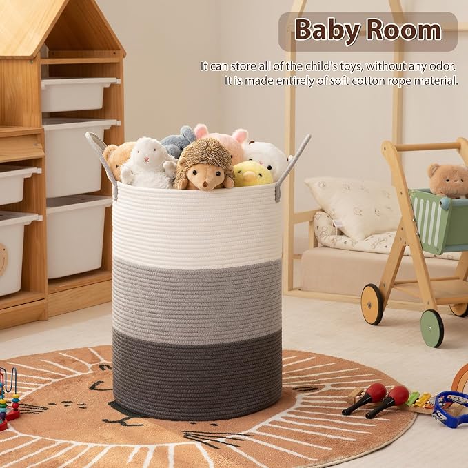 OIAHOMY Large Laundry Basket Hamper - 60L Cotton Rope Woven Basket for Blankets, Toys, Clothes - Tall Decorative Nursery Hamper with Long Handles, Gradient Grey