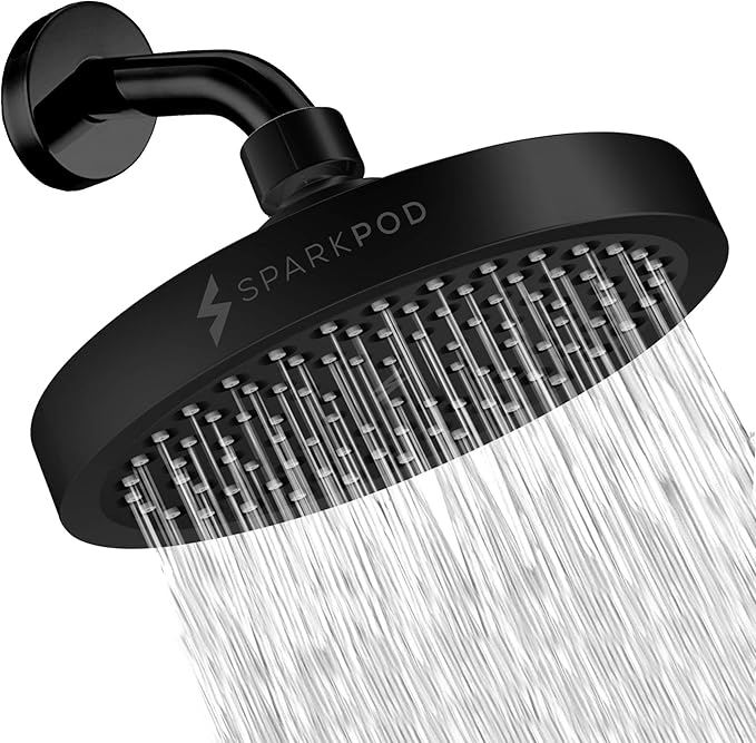 SparkPod Rain Shower Head, 6 Inch Round | High Pressure Shower Heads, 90 Nozzle (Touch-to-Clean), Adjustable Showerhead, No-tool Universal Connection