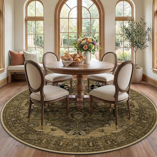 RELEANY Area Rugs Round 7ft Washable Non-Slip, Floral Vintage Distress Medallion Carpet for Living Room Bedroom Dining Room, Brown Dark Brown