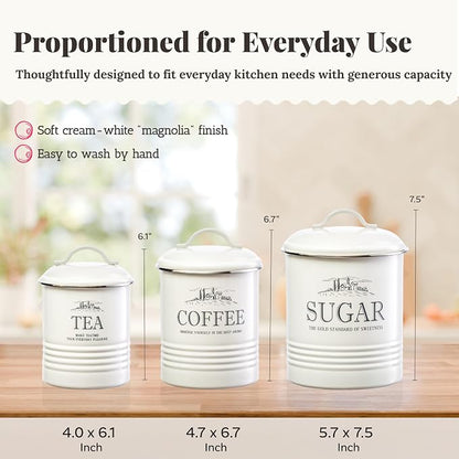 noonberry Kitchen Canisters for Countertop - 3-Piece Airtight Kitchen Canister Set - Sugar Coffee Tea Containers for Kitchen Counter - Cream-White Magnolia Finish
