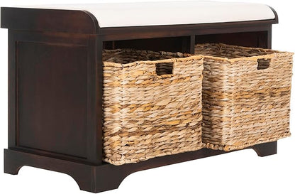 SAFAVIEH Home Collection – Freddy Brown Storage Bench with Wicker Baskets & Cushion, Entryway Seating Bench, Fully Assembled (AMH5736A)