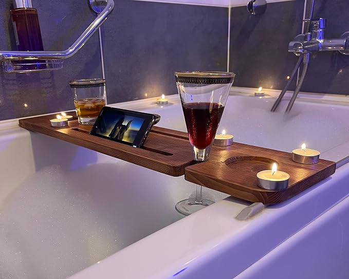 Handmade Wooden Bathtub Tray - 3 Different Size Options - Rustic Structure - Water Insulator - Bath Tray Caddy with Wine Glass Holder (36", NATURAL MAHOGANY)