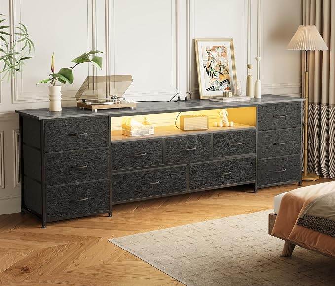 Huuger 70 Inch TV Stand for 75, 80 Inch TV, 11 Drawer Long Dresser with Power Outlets and LED Lights, Entertainment Center with Storage, Grey Dresser with PU Leather Surface