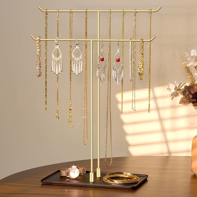 bussdis Necklace Holder Jewelry Stand Organizer for Necklaces and Bracelets, Metal Display Stand, Gift for Women, Ideal for Home, Bedroom, or Vanity, Gold and Black
