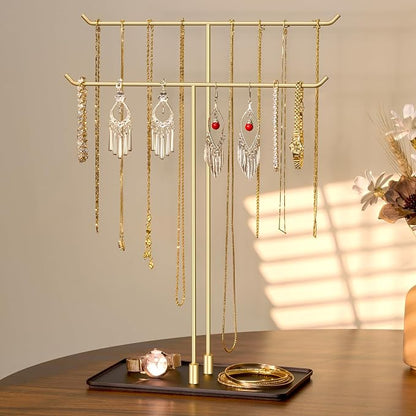 bussdis Necklace Holder Jewelry Stand Organizer for Necklaces and Bracelets, Metal Display Stand, Gift for Women, Ideal for Home, Bedroom, or Vanity, Gold and Black