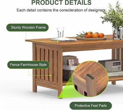 YOSHOOT 39.4" Farmhouse Coffee Table, Small Coffee Tables for Living Room | Rerto Wood, 2 Tier Coffee Table with Storage, Tea Table for Living Room Bedroom Small Space