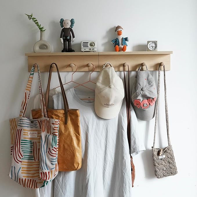 Entrance Coat Rack ，Coat Hooks, Wall-Mounted Wooden Hook Rack, Wall-Mounted Shelves are Very Suitable (Birch Color Finish—A-1)