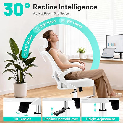 Office Chair - Ergonomic Desk Chair Breathable Mesh Chair with 2D Headrest & Adjustable Lumbar Support - Executive High Back Rolling Swivel Computer Gaming Chair with Wheels Flip-up Armrests
