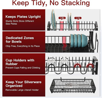 BOOSINY 2 Tier Black Dish Drainer Drying Rack and Drainboard Set, Large Stainless Steel Dish Dryer for Kitchen Counter Space Saving, Big Rustproof Metal Plate Strainer with Utensil Holder & Cup Holder