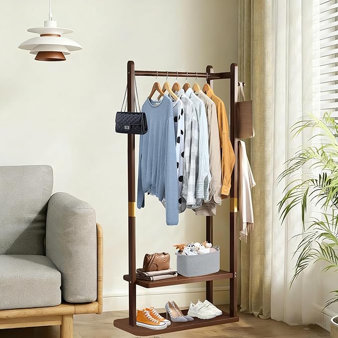 Freestanding Coat Rack with 2 Storage Shelves and 5 Hooks, Heavy Duty Wood Garment Rack for Bedroom, Hallway, Entryway (23.6x11.4x64.7 in)
