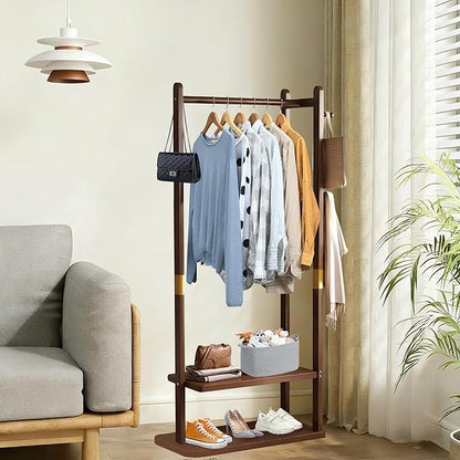 Freestanding Coat Rack with 2 Storage Shelves and 5 Hooks, Heavy Duty Wood Garment Rack for Bedroom, Hallway, Entryway (23.6x11.4x64.7 in)