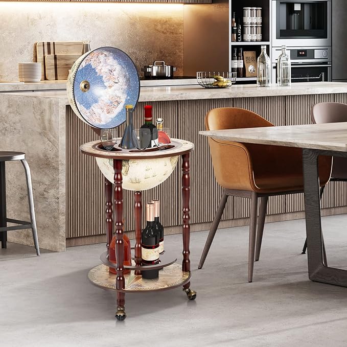 Goplus Globe Bar, 17.5” Globe Bar Liquor Cabinet with Wheels, Bottom Shelf, Old World Map, 16th Century Italian Replica Bar Globe, Retro Wine Stand, Globe Bar Cart for Dining Room Living Room Home