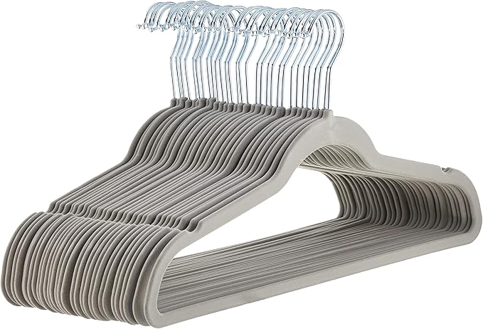 Amazon Basics Slim Velvet Non-Slip Space Saving Suit Clothes Hangers, Sturdy Metal, Gray/Silver, 30-Pack
