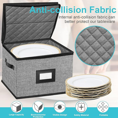 China Storage Containers-Quilted Dish Storage Containers with Lid Hard Shell for Moving Transport, Dinnerware Storage,Stackable Plate Storage,24 Felt Plate Dividers Included,2PACK 12*12*8in