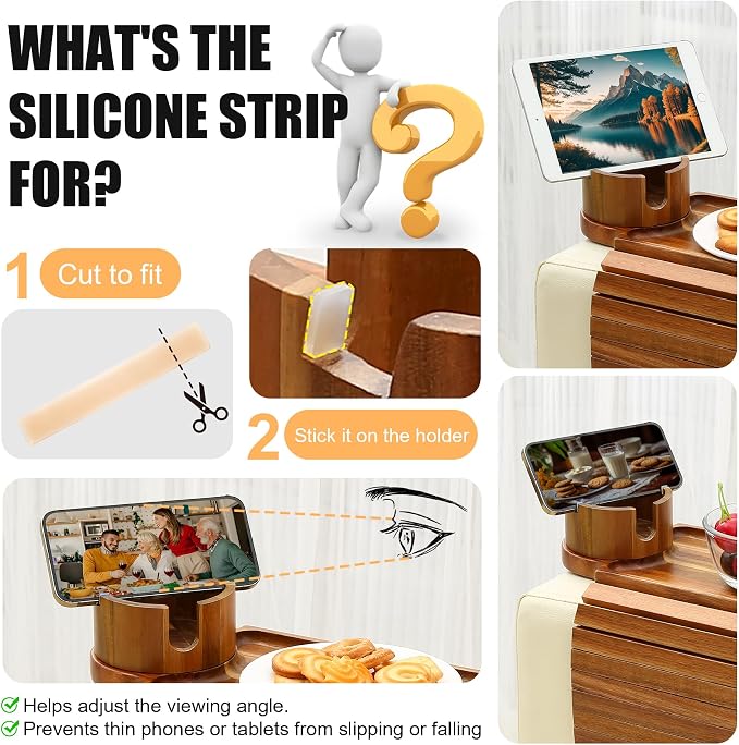 Couch Cup Holder Tray,Acacia Wood Couch Arm Table with Phone Holder, Large Foldable Sofa Arm Tray for Drink Snacks Table