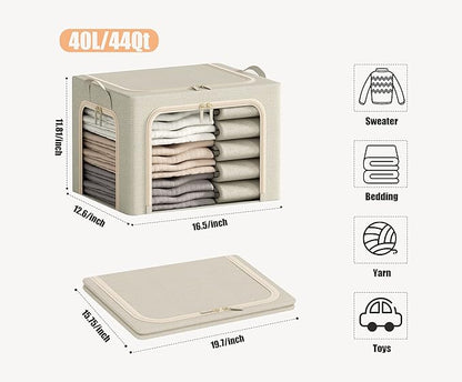 3 Openings Clothes Storage Bins with Metal Frame, Foldable Storage Bin for Clothes, Clothing Storage Bins with Lid, Linen Storage Box With Clear Window＆ Zippers＆ Durable Handles.(3 Pcs,Beige,40L)