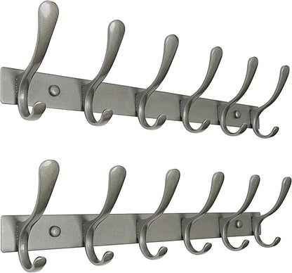 SKOLOO Coat Rack Wall Mounted - 6 Hooks, Pack of 2, Heavy Duty, Stainless Steel, Metal Wall Hanger, Sturdy Coat Hooks for Hanging Coats, Jacket, Clothes, Hat, Matte Grey