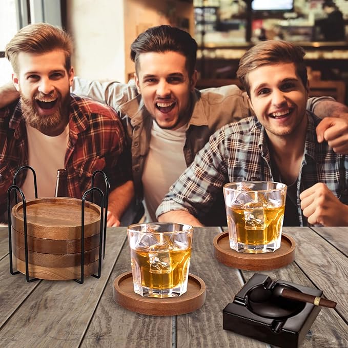 6 Pcs Best Wooden Coasters with Holder Coffee Table Decor Acacia Wood Coaster Set Modern Cup Coaster for Drink Home Dining Table Kitchen Accessories Cute Beer Bar Decorative Rustic Outdoor Coasters