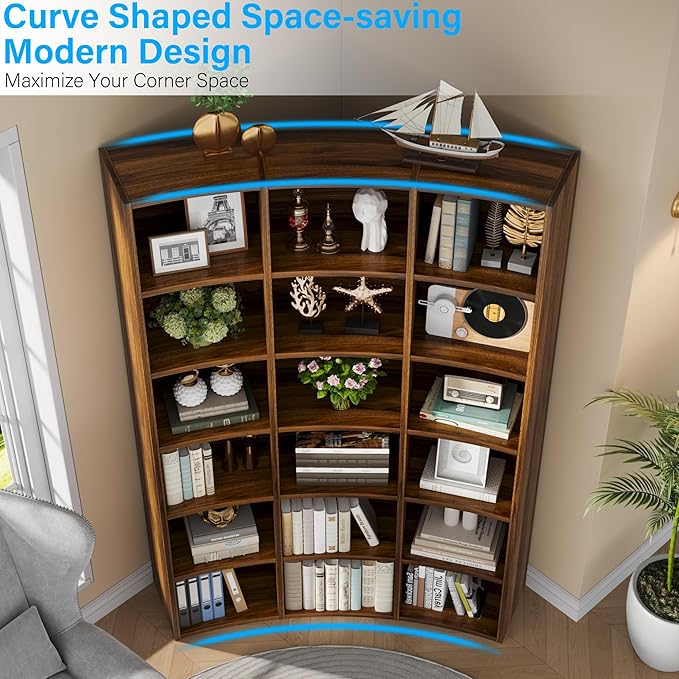 Semoic 71" Curved Bookshelf,Triple Width 6 Tier Bookcase with Storage Cabinet,Modern Tall Bookshelf with 18 Open Display Shelves, Floor Standing Book Shelf for Living Room,Brown