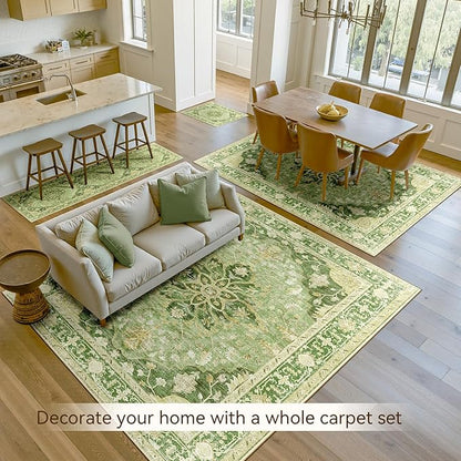 RELEANY Area Rugs 4'x6' Washable Non-Slip, Floral Vintage Distress Medallion Carpet for Living Room Bedroom Dining Room, Sage Green Yellow