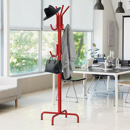 Simple Houseware Standing Coat and Hat Hanger Organizer Rack, 12 Hooks, Red