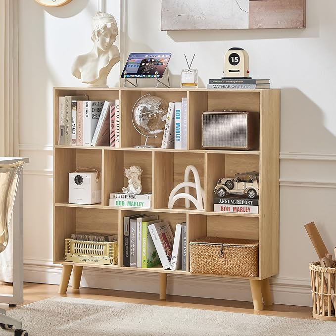LEYAOYAO 10 Cube Bookshelf,3 Tier Modern Wide Bookcase with Legs,Mid-Century Wood Bookshelves Storage，Light Wood Large Book Case,Freestanding Organizer Display Shelf for Bedroom,Living Room,Office