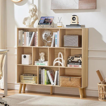 LEYAOYAO 10 Cube Bookshelf,3 Tier Modern Wide Bookcase with Legs,Mid-Century Wood Bookshelves Storage，Light Wood Large Book Case,Freestanding Organizer Display Shelf for Bedroom,Living Room,Office