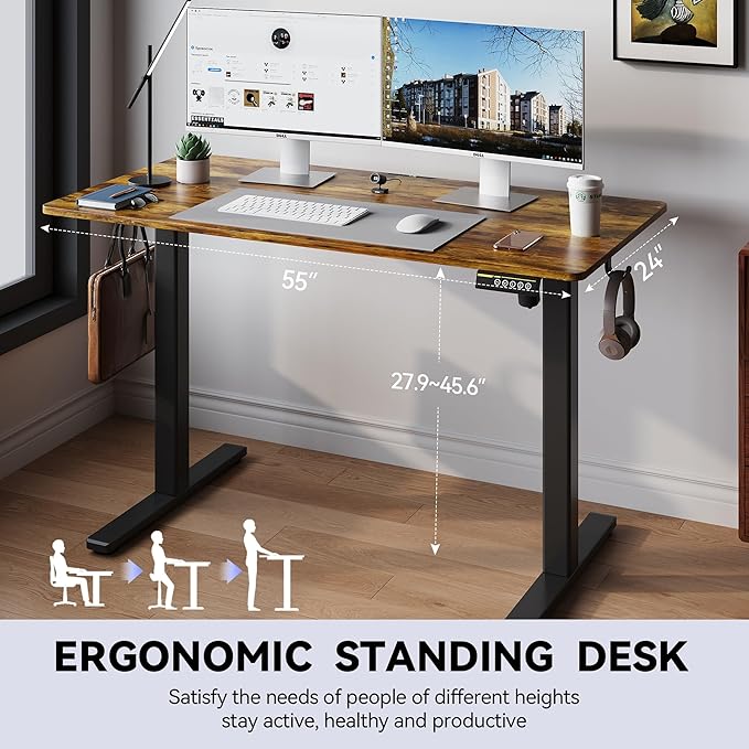 Large Electric Standing Desk,55x24 Inches Adjustable Height Stand up Desk, Sit Stand Home Office Desk, 3 Preset Heights,Equipped with Hooks,Ergonomic Computer Desk Workstation，Brown