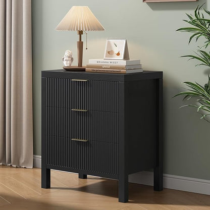 Nightstand with 3 Drawers, Dresser and Nightstand Sets, Bedside Tables, Mid Century Nightstands with 3 Wide Drawers for Bedroom, Kids’ Room, Hallway - Black
