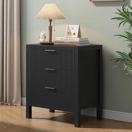 Nightstand with 3 Drawers, Dresser and Nightstand Sets, Bedside Tables, Mid Century Nightstands with 3 Wide Drawers for Bedroom, Kids’ Room, Hallway - Black
