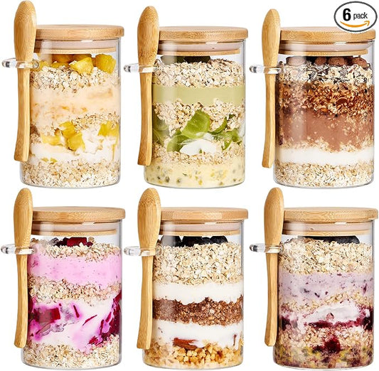 6 Pack Overnight Oats Containers with Bamboo Lids and Spoons - 22 oz Airtight Glass Jars with Lid, Meal Prep Jars for Chia Pudding, Yogurt, Salad, Cereal, Coffee, Flour | Food Storage Canister