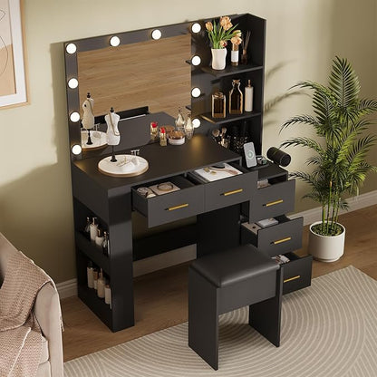 【10-Bulb Mirror | Built-in Outlets】 41'' Large Vanity Desk with Mirror and 3 Color Lighting Modes - Makeup Desk with Stool and 5 Drawers for Bedroom