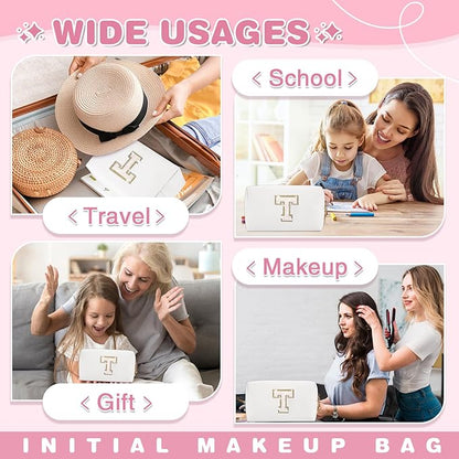 Small Initial Patch Makeup Bag Personalized Gifts Make Up Bag,White Cute PU Leather Glitter Letter Cosmetic Bag with Zipper,Trendy Portable Travel Toiletry Pouch,Preppy Stuff for Teen Girls Women T