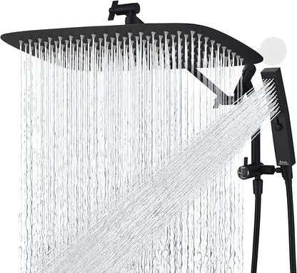 G-Promise All Metal 16 Inch Shower Head with Massage Mode Handheld, Rain Shower Head with Handheld Spray Combo, 3-Way Diverter with Pause Setting, 12 Inch Adjustable Extension Arm (Matte Black)