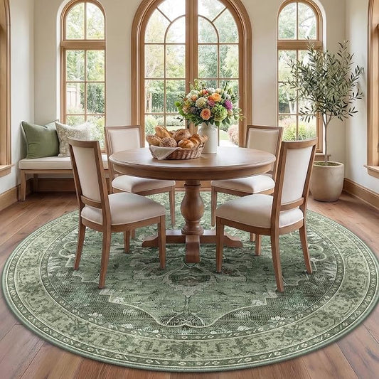 RELEANY Area Rugs Round 7ft Washable Non-Slip, Floral Vintage Distress Medallion Carpet for Living Room Bedroom Dining Room, Dark Green Gray