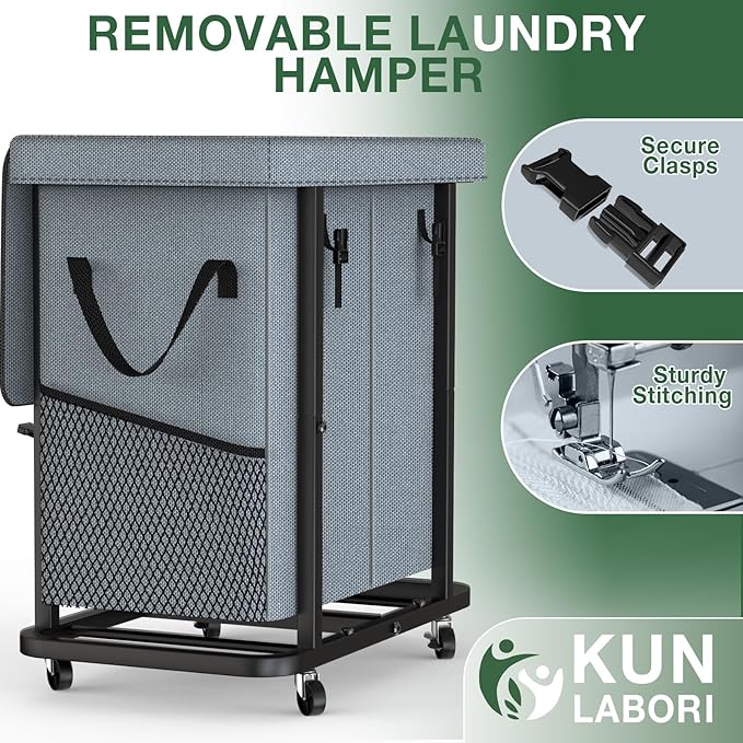 50 Gal(190L) Laundry Basket with Lid, Rolling Laundry Hamper with Wheels, Dirty Clothes Hamper with Metal Frame and Removable Bag Design, Suitable for Laundry Room, Bedroom(Grey, 2 Section 190L)