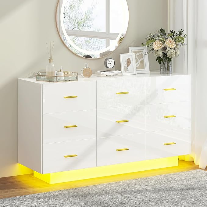9 Drawer Dresser for Bedroom, 55'' W Highly Reflective Modern Chest of Drawers with LED Light, Wooden Dresser Organizer Cabinet for Living Room, Entryway (White)