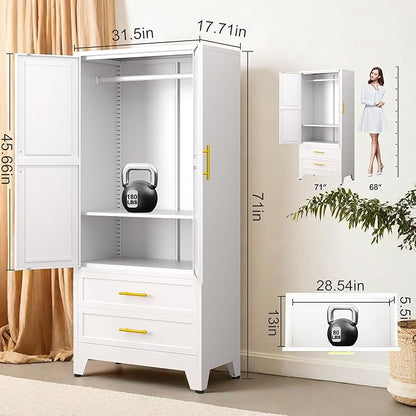Metal Wardrobe Cabinet with Hanging Rod, 71" Metal Clothing Storage Cabinets with 2 Door, 1 Adjustable Shelf and 2 Drawers, Steel Armoire Wardrobe Closet for Bedroom, Gym, Cloak Room (White)