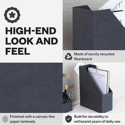 Bigso Estelle Fibreboard Magazine Holder with Leather Handle - Magazine File Holder and Organizer for Papers and Catalogs on Home or Office Desks - W4.4 x D9.8 X H12.7 (inches) - Black