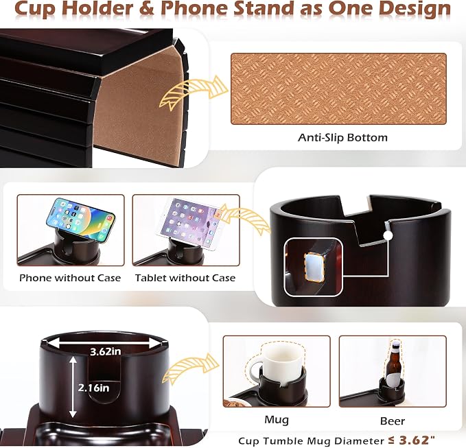 Couch Cup Holder Tray, 15.75" Bamboo Cup Holder for Couch, 3 in 1 Foldable Arm Chair Clip on Side Tray Table for Remote Snack Table on Armrest