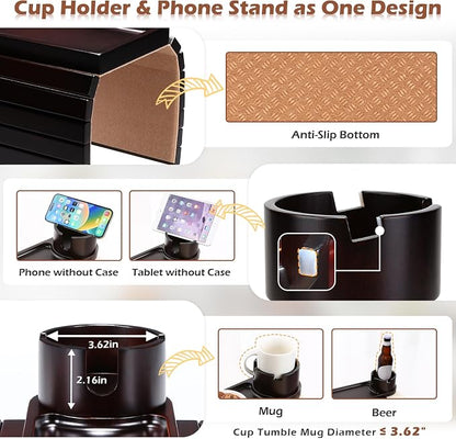 Couch Cup Holder Tray, 15.75" Bamboo Cup Holder for Couch, 3 in 1 Foldable Arm Chair Clip on Side Tray Table for Remote Snack Table on Armrest