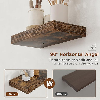 Heimlove 16 Inch Floating Shelves for Wall Rustic Brown Shelves Set of 2,Wall Mounted Rustic Wood 8 Inch Deep Floating Shelf with Invisible Brackets for Bedroom Kitchen Living Room