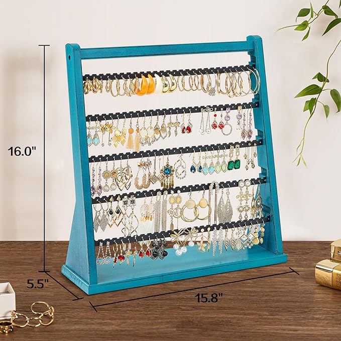 Poyilooo Earring Organizer Stand, Rustic Wood Earring Holder Rack, 5 Layer Jewelry Holder Organizer with 270 Earring Tree Holes Display for Stud Earings & Hoop Earrings, Gifts for Women (Teal)