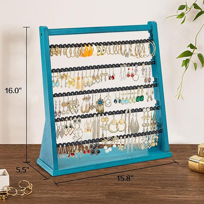 Poyilooo Earring Organizer Stand, Rustic Wood Earring Holder Rack, 5 Layer Jewelry Holder Organizer with 270 Earring Tree Holes Display for Stud Earings & Hoop Earrings, Gifts for Women (Teal)