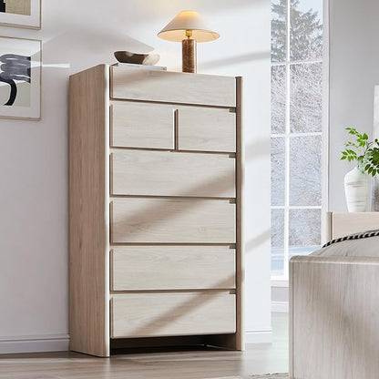 Modern 7 Drawers Dresser for Bedroom, 54.7" Tall Large Dresser & Chests of Drawers w/Rounded Corner, Wood Handleless Organizer Dresser w/Natural Texture for Bedroom, Living Room-Cream
