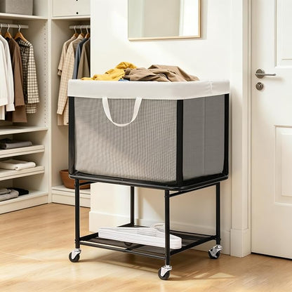 STO STO Rolling Laundry Hamper with Lockable Wheels, 29-Gallon (110L) Laundry Cart with Removable Canvas Bag, 2-Tier Clothes Basket Hamper with Shelf for Closet, Bedroom, Bathroom, Laundry Room, Beige