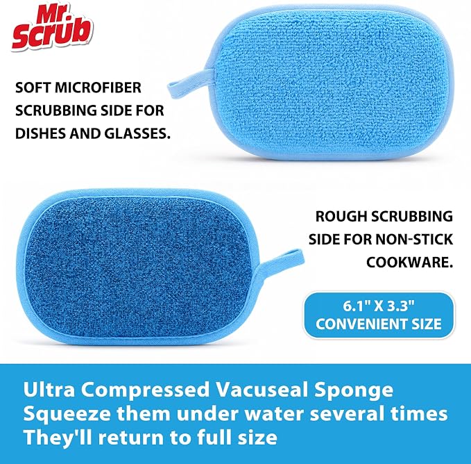 Mr. Scrub Sponges Kitchen Dish Sponge for Washing Dishes Cleaning Kitchen, 8 Pack, Non Scratch, Rough Scrubbers Side for Non-Stick Cookware, Soft Microfiber Scrub Side for Dishes, Multicolor