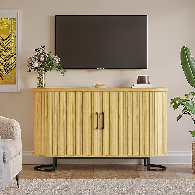 47.2" Buffet Cabinet with Storage, Fluted Sideboard Cabinet with Tambour Door & Adjustable Shelf, Modern Storage Cabinets for Kitchen, Living Room, Entryway, Oak