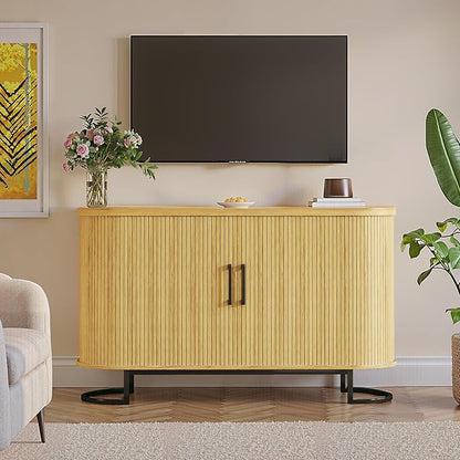 47.2" Buffet Cabinet with Storage, Fluted Sideboard Cabinet with Tambour Door & Adjustable Shelf, Modern Storage Cabinets for Kitchen, Living Room, Entryway, Oak